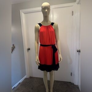 BCX Dress - Bright Coral and Navy Pleated dress - Size L
